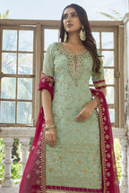 Green Georgette Traditional Indian Bridal Dresses Plazo Suit - Embroidery Work - close-up view