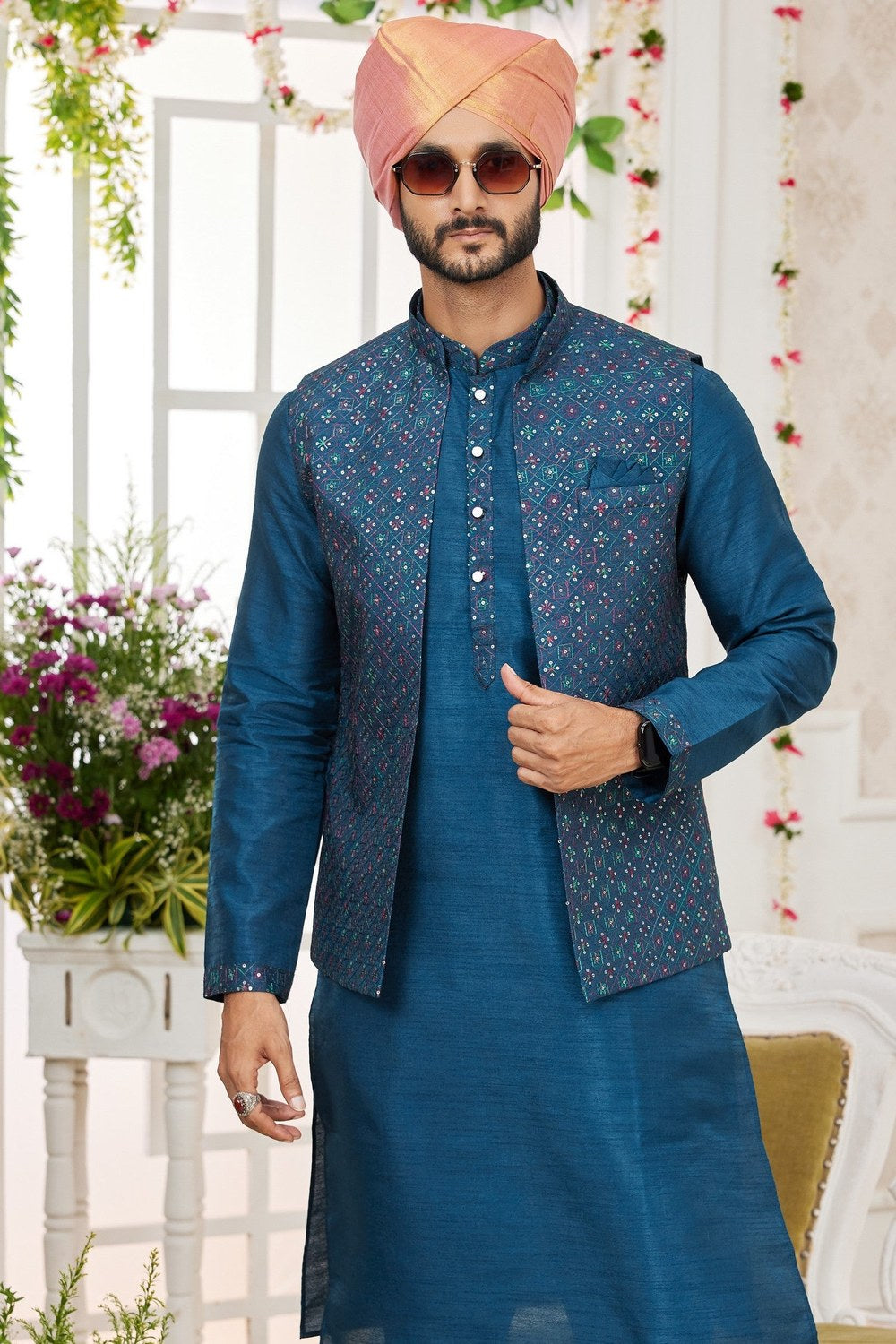 Navy Blue Art Silk Kurta Pajama with Waistcoat Jacket for Men for Festivals & Wedding - Embroidery Work - close-up view