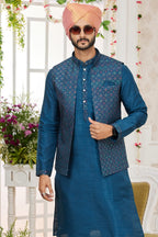 Navy Blue Art Silk Kurta Pajama with Waistcoat Jacket for Men for Festivals & Wedding - Embroidery Work - close-up view