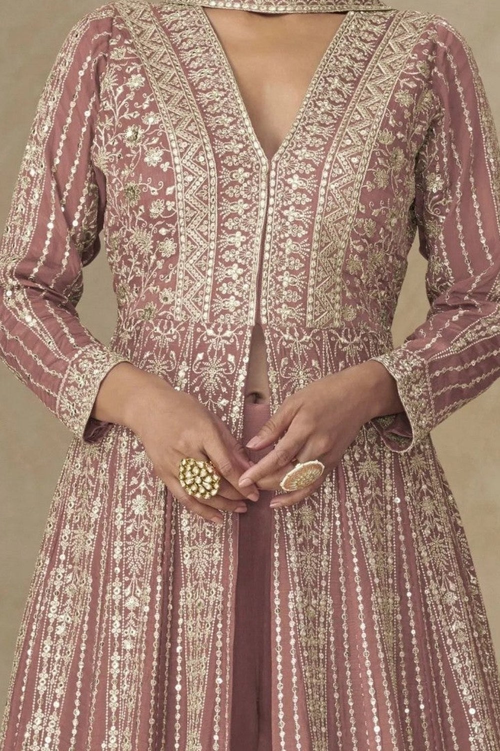 Mauve Chinon Silk Anarkali Suit With Palazzo For Indian & Pakistani Wedding Festival - Sequins & Thread Embroidery Work - hem and footwear detail