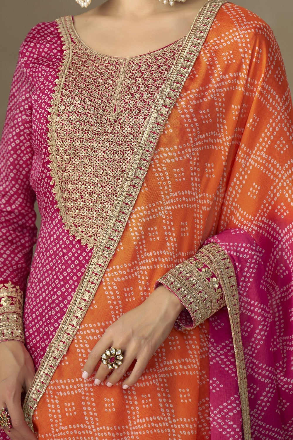 Pink Chinon Silk Anarkali with Bandhani Dupatta and Sequins Work - hem and footwear detail