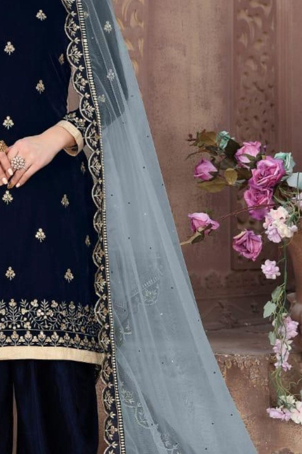 Navy Blue Velvet Punjabi Patiyala Suit For Indian Festivals & Weddings - Embroidery Work - detail view
