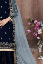 Navy Blue Velvet Punjabi Patiyala Suit For Indian Festivals & Weddings - Embroidery Work - detail view
