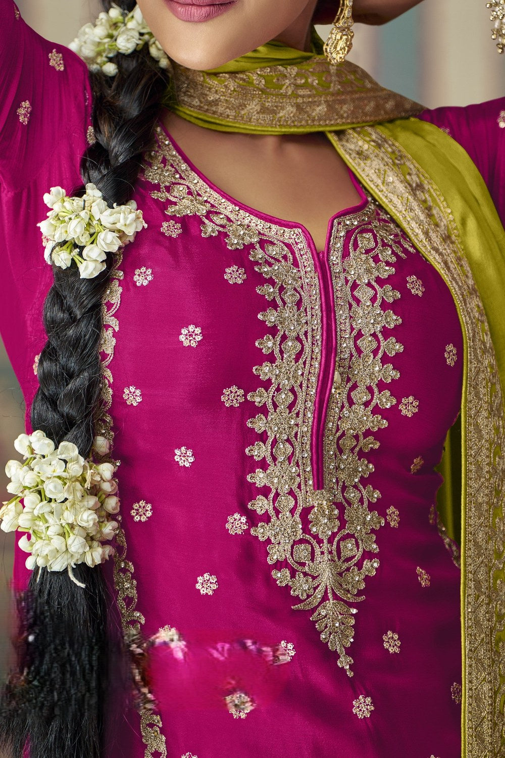 Pink Chinon Silk Plazo Suit For Indian Weddings & Pakistani Festival - Embroidery Work, Mirror Work - hem and footwear detail