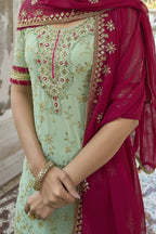 Green Georgette Traditional Indian Bridal Dresses Plazo Suit - Embroidery Work - hem and footwear detail