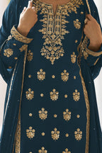 Straight Cut Pakistani Suit in Teal Chinon Silk with Sequins & Thread Work - hem and footwear detail