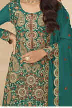 Teal Chinon Silk Plazo Suit for Women with Sequin & Thread Work - hem and footwear detail