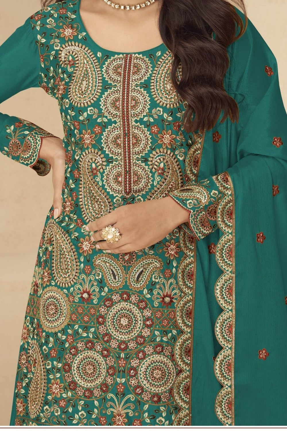 Teal Chinon Silk Plazo Suit for Women with Sequin & Thread Work - hem and footwear detail