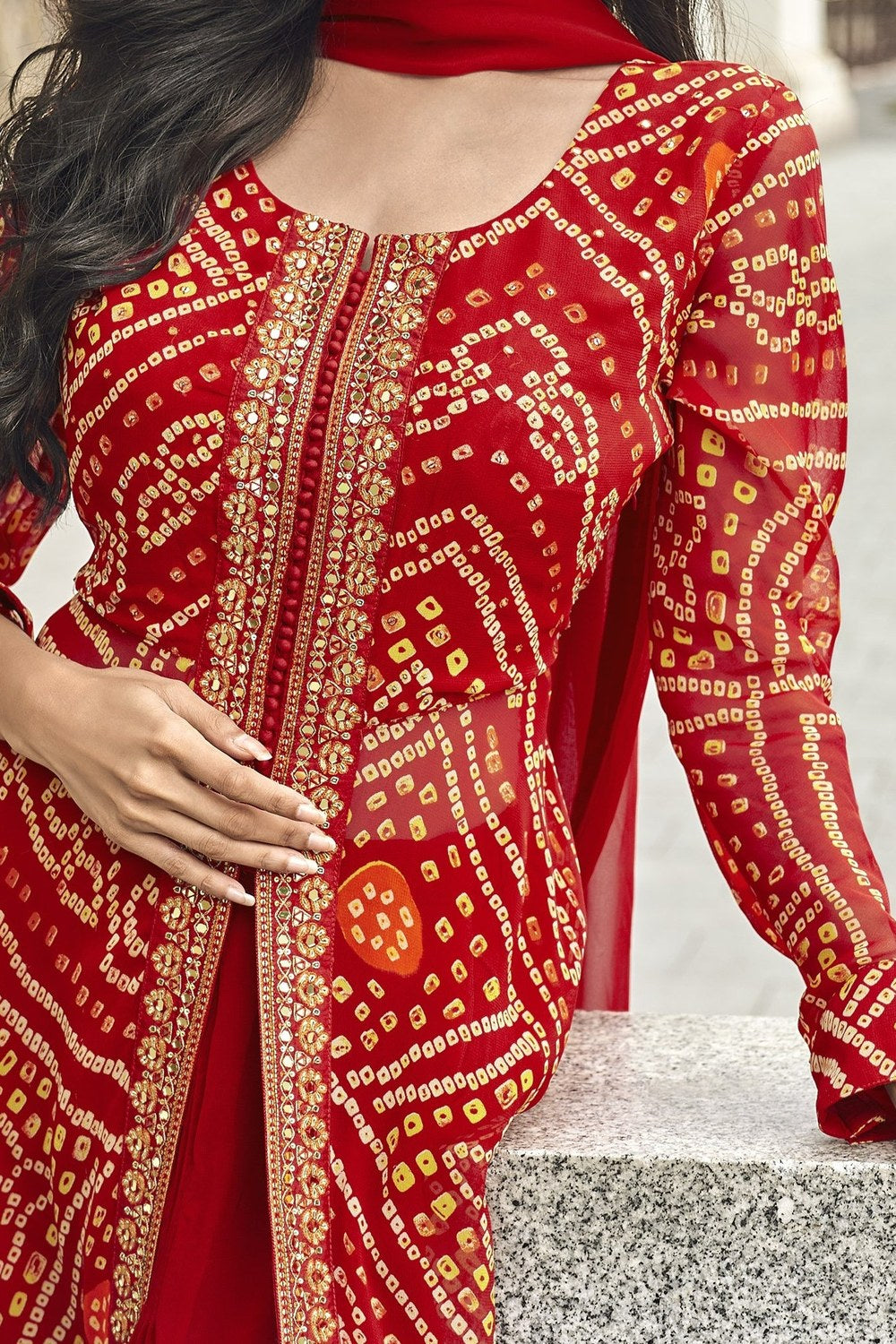 Red Jacquard Attires Of India Sangeet Long Kameez With Palazzo - Jacquard Work - hem and footwear detail