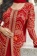 Red Jacquard Attires Of India Sangeet Long Kameez With Palazzo - Jacquard Work - hem and footwear detail