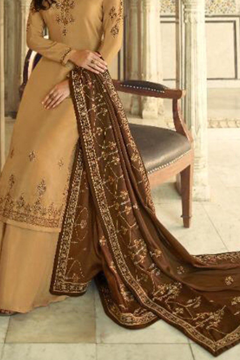 Dark Beige Satin Kameez with Plazzo Suit For Indian Festivals & Pakistani Weddings - Thread Embroidery Work, Sequence Embroidery Work - hem and footwear detail
