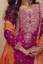 Pink Chinon Silk Palazzo Dress For Indian & Pakistani Wedding Festival - Thread & Sequins Embroidery Work - hem and footwear detail