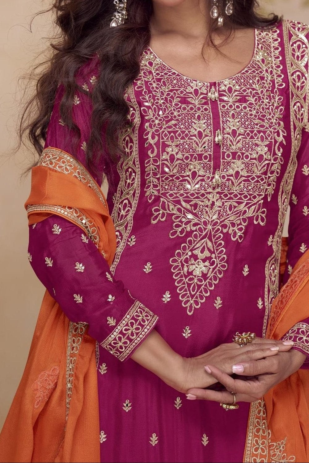 Pink Chinon Silk Palazzo Dress For Indian & Pakistani Wedding Festival - Thread & Sequins Embroidery Work - hem and footwear detail