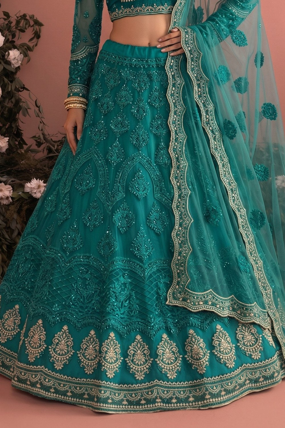 Teal Long Sleeves Lehenga Choli for Wedding Guest in Net with Thread and Sequins - hem and footwear detail