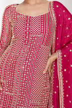 Pink Chinon Silk Palazzo With Kameez Suit For Indian Festivals & Pakistani Weddings -  Embroidery Work - hem and footwear detail