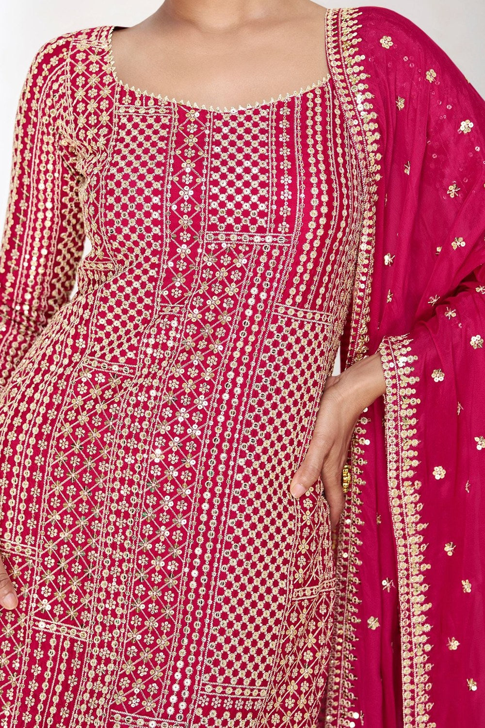 Pink Chinon Silk Palazzo With Kameez Suit For Indian Festivals & Pakistani Weddings -  Embroidery Work - hem and footwear detail