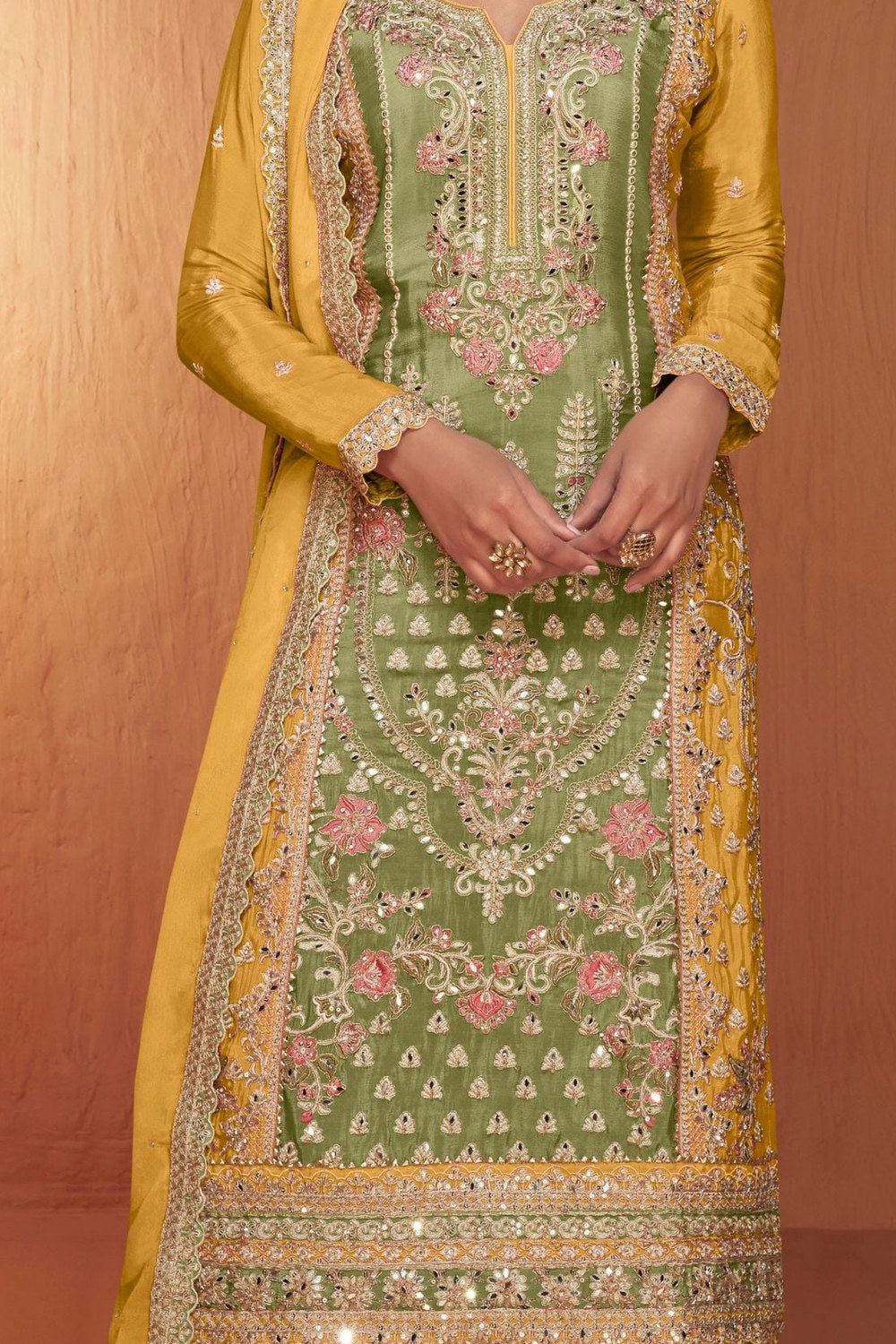 Green Chinon Traditional Plazo Suits For Pakistani Festivals & Indian Wedding - Embroidery Work - detail view