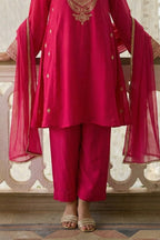 Pinkish Red Cotton Silk Embroidery Loose Fit A Line Kurta Set for Women - hem and footwear detail