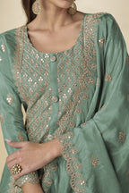 Mint Green Simmer Silk Embroidered Long Kameez with Plazo - hem and footwear detail