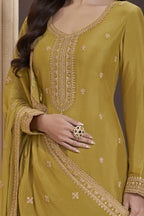 Mustard Chinon Silk Palazzo Suit For Indian Wedding & Pakistani Festival - Embroidery Work - hem and footwear detail