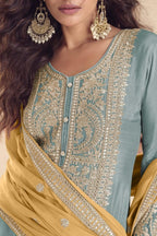 Indian Plazo Suit Online with Light Blue Chinon Silk & Dori Embroidery Work - hem and footwear detail