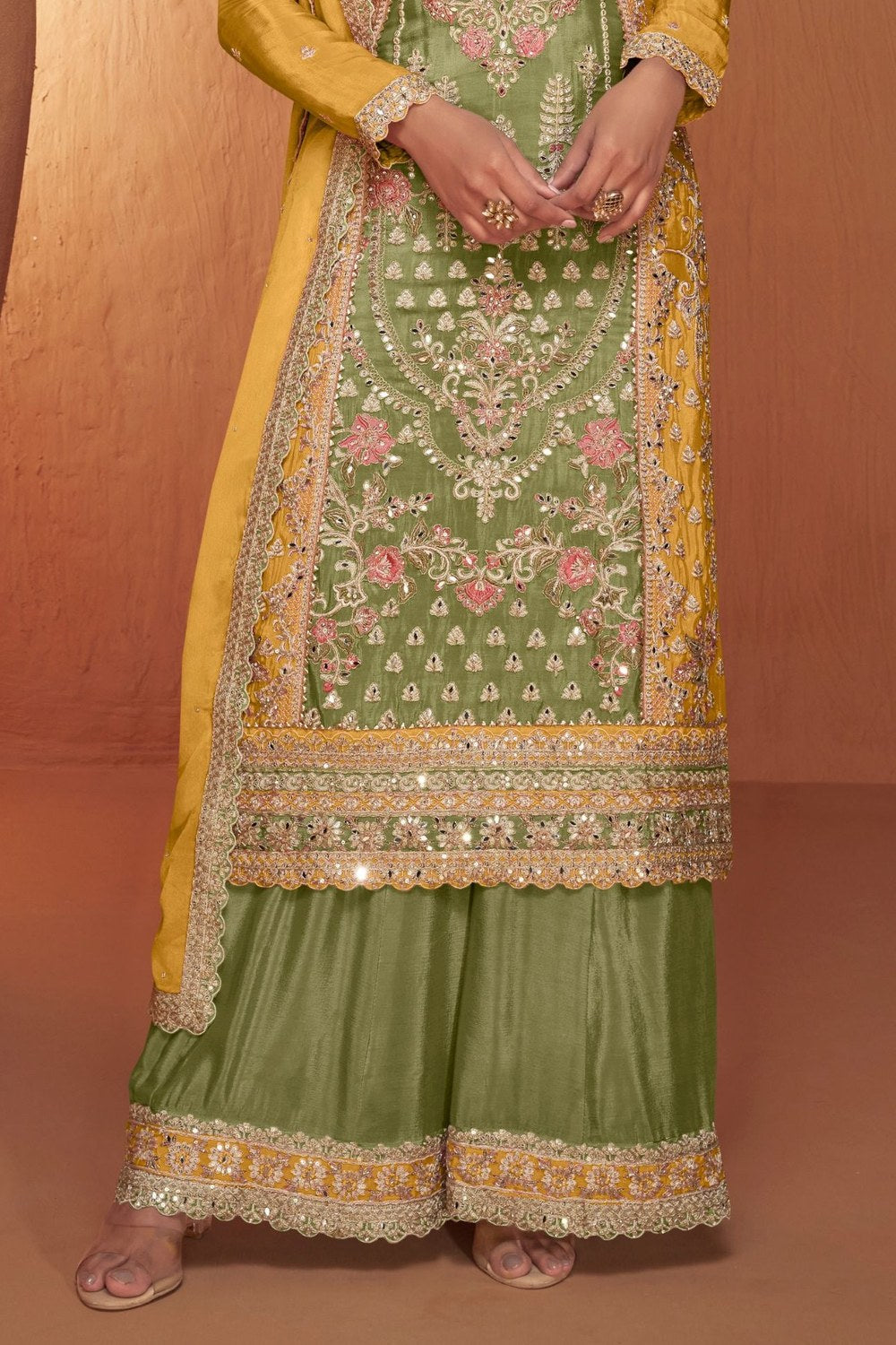 Green Chinon Traditional Plazo Suits For Pakistani Festivals & Indian Wedding - Embroidery Work - hem and footwear detail
