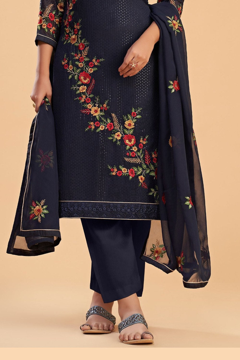 Blue Georgette Kameez with Pant For Indian Festivals & Weddings - Sequence Embroidery Work, Thread Embroidery Work, Zari Work - hem and footwear detail