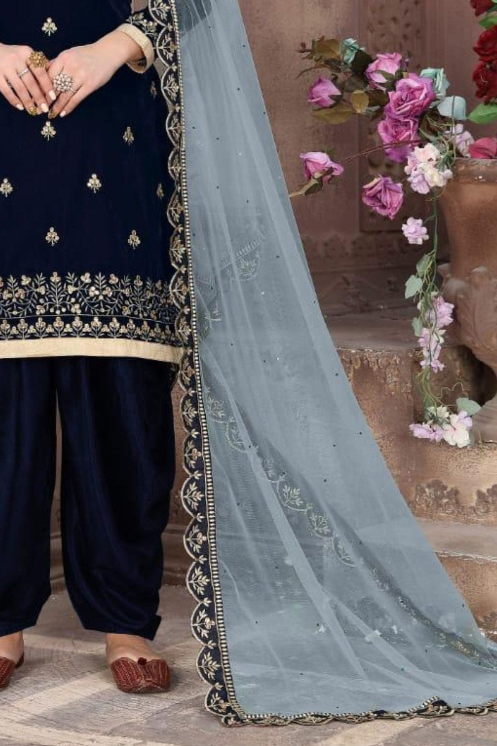 Navy Blue Velvet Punjabi Patiyala Suit For Indian Festivals & Weddings - Embroidery Work - hem and footwear detail