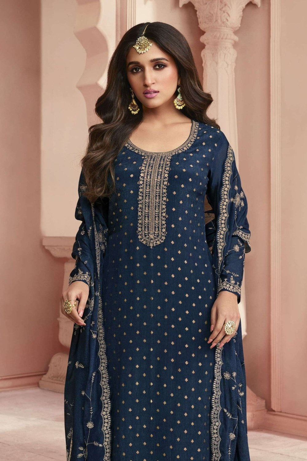 Blue Silk Kameez with Pant Suit For Indian Festivals & Weddings - Thread Embroidery Work - close-up view