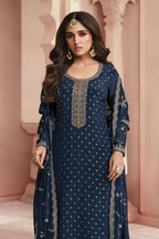 Blue Silk Kameez with Pant Suit For Indian Festivals & Weddings - Thread Embroidery Work - close-up view