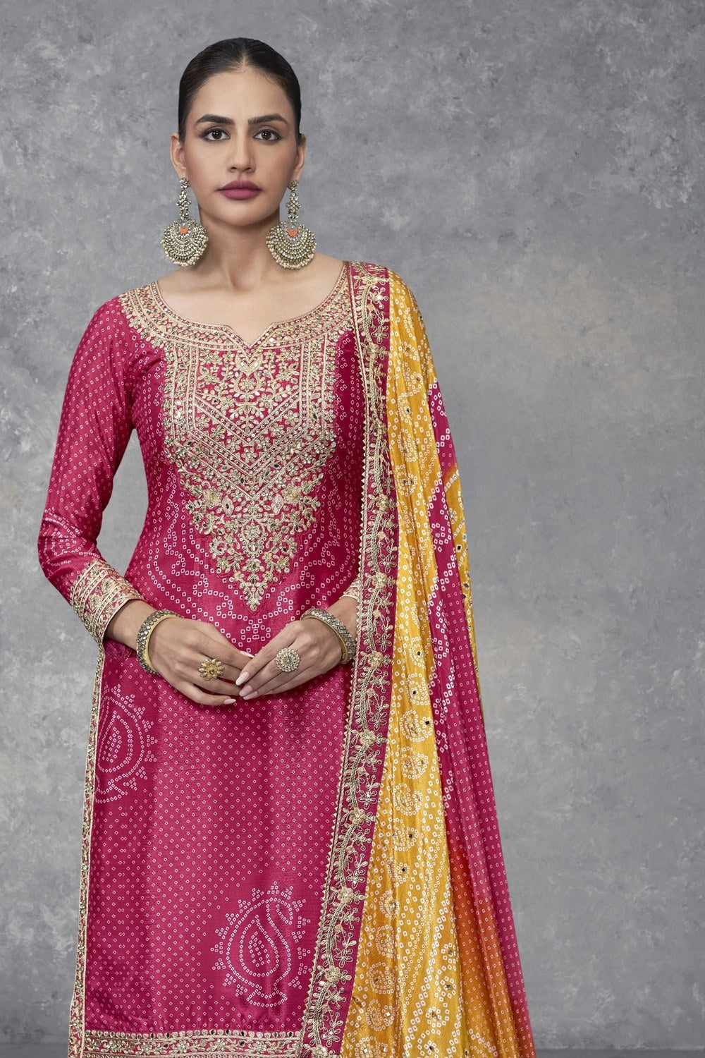 Pink Chinon Silk Bandhani Style Patter Palazzo Suit For Indian Festivals & Weddings - Embroidery Work, Mirror Work, Print Work - close-up view