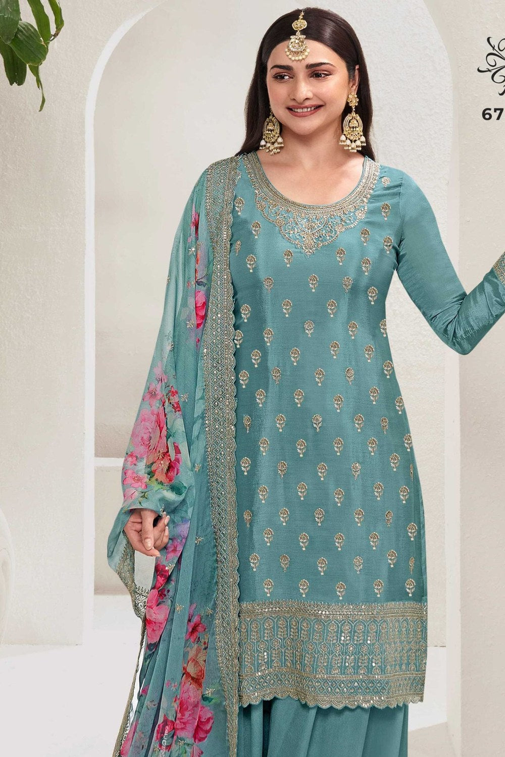 Light Green Chinon Silk Palazzo Suit For Indian Festivals & Pakistani Plazo Weddings Dress - Embroidery Work, Print Work - close-up view
