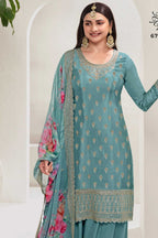 Light Green Chinon Silk Palazzo Suit For Indian Festivals & Pakistani Plazo Weddings Dress - Embroidery Work, Print Work - close-up view