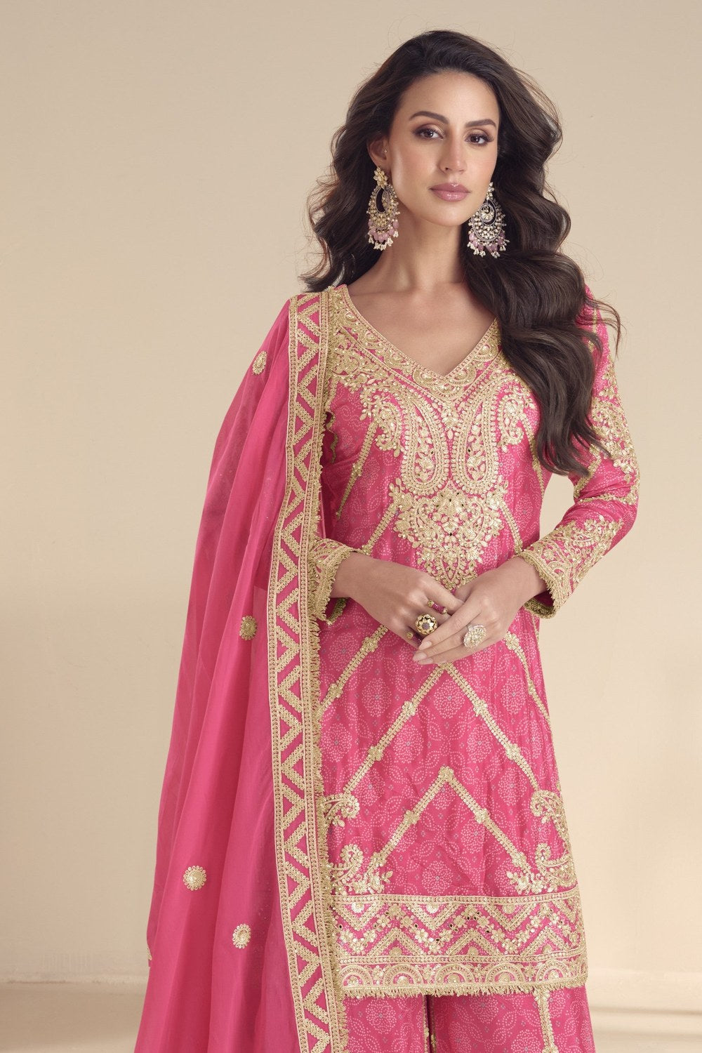 Pink Chinon Silk Kameez With Palazzo Suit For Indian & Pakistani Wedding Festival - Print Work, Thread & Sequence Embroidery - close-up view