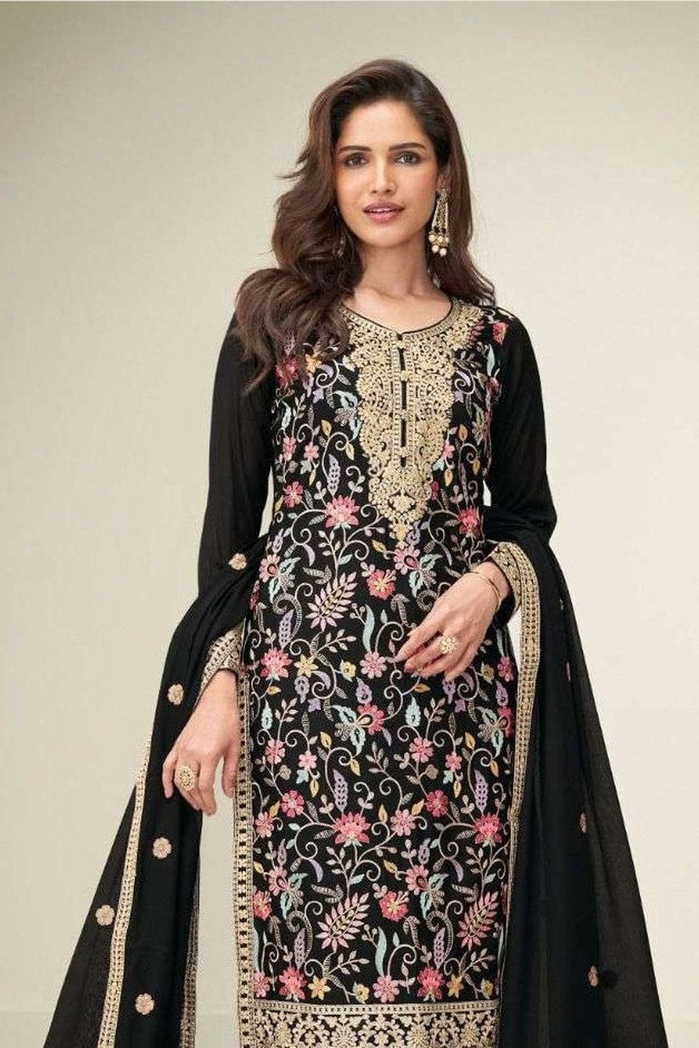 Black Chinon Silk Plazo Suit For Indian & Pakistani Wedding Festival - Embroidery Work - close-up view