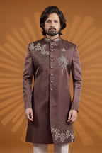 Brown Art Silk Kurta Pajama Suits for Wedding Mens India - Embroidery - close-up view
