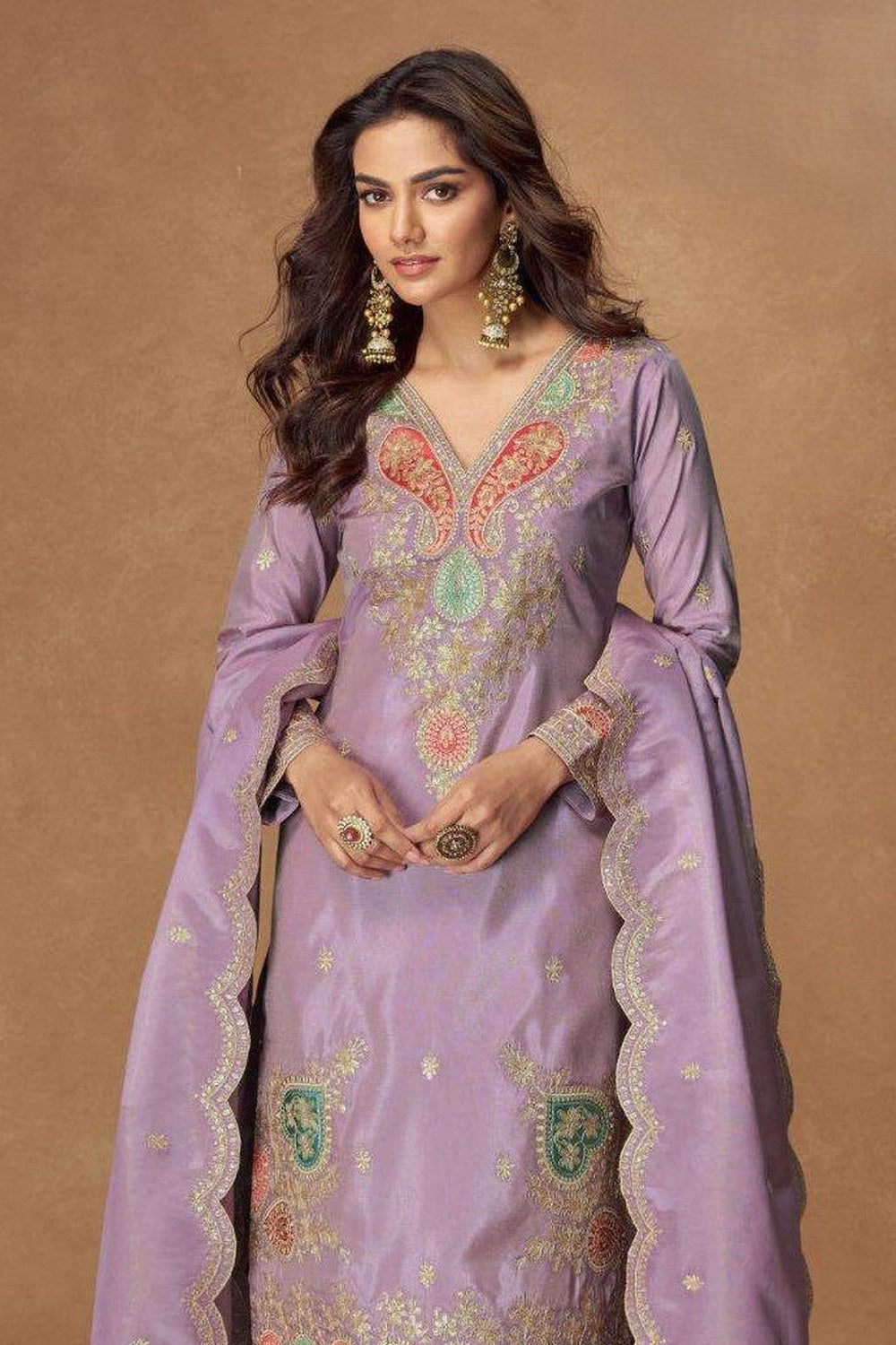 Lavender Simmer Silk Indian Palazzo Suits Online - Thread & Sequins - close-up view