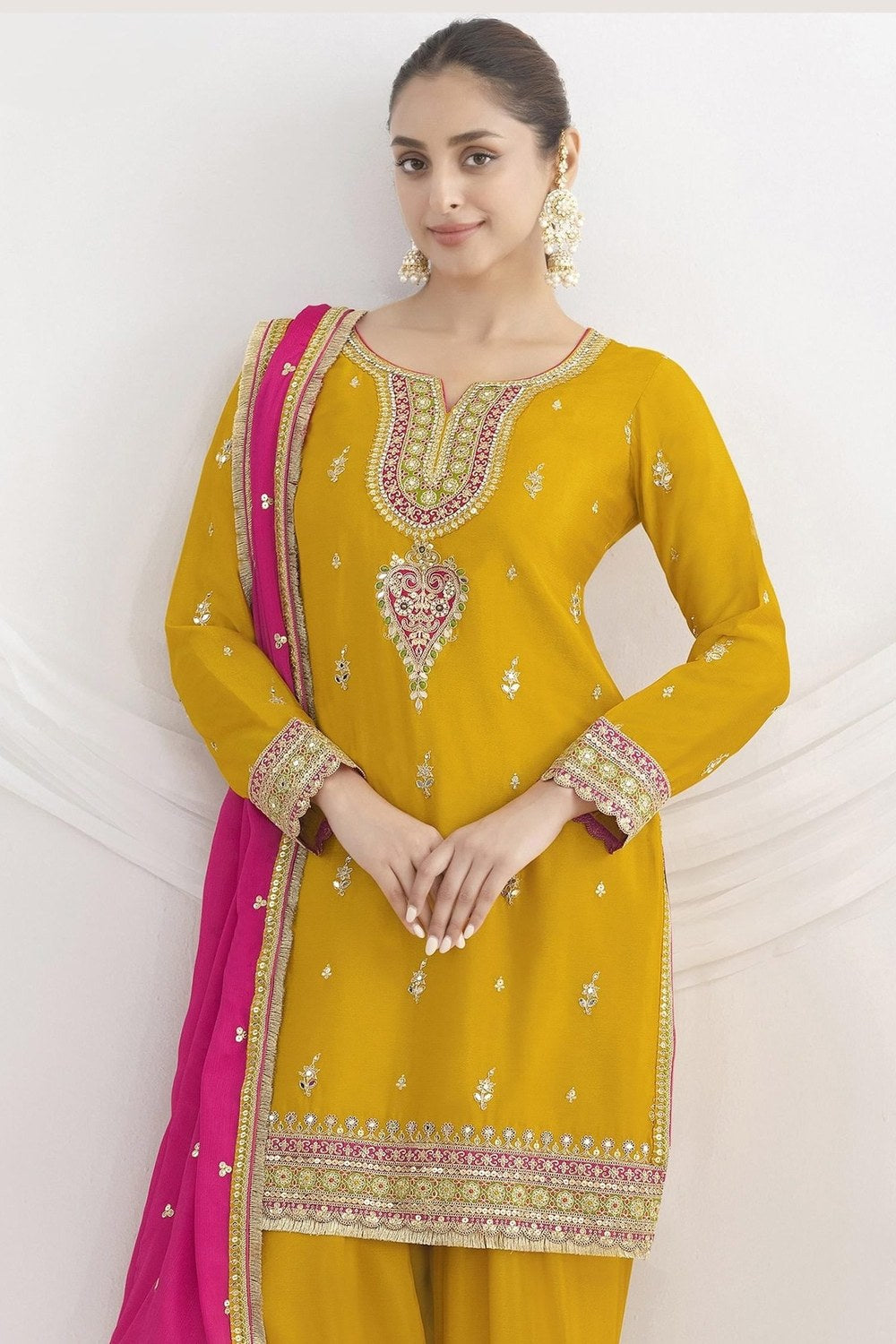 Golden Chinon Silk Farshi Salwar Kameez For Indian & Pakistani Wedding Festival - Real Mirror Work, Sequence Embroidery Work, Dori Work - close-up view