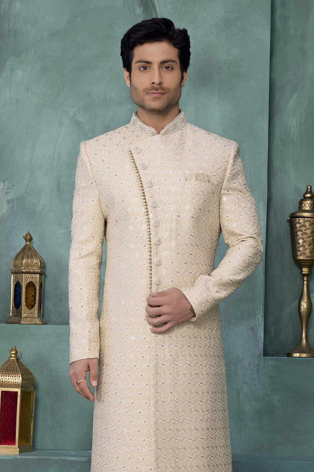 Light Cream Mens Wear Kurta Pajama Sherwani with Thread Work - close-up view