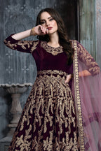 Dark Maroon Velvet Suit Women with Embroidered Anarkali - close-up view