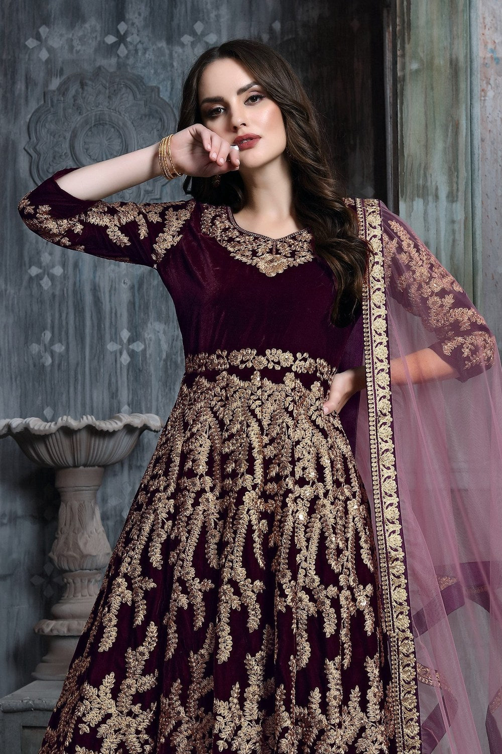 Dark Maroon Velvet Suit Women with Embroidered Anarkali - close-up view