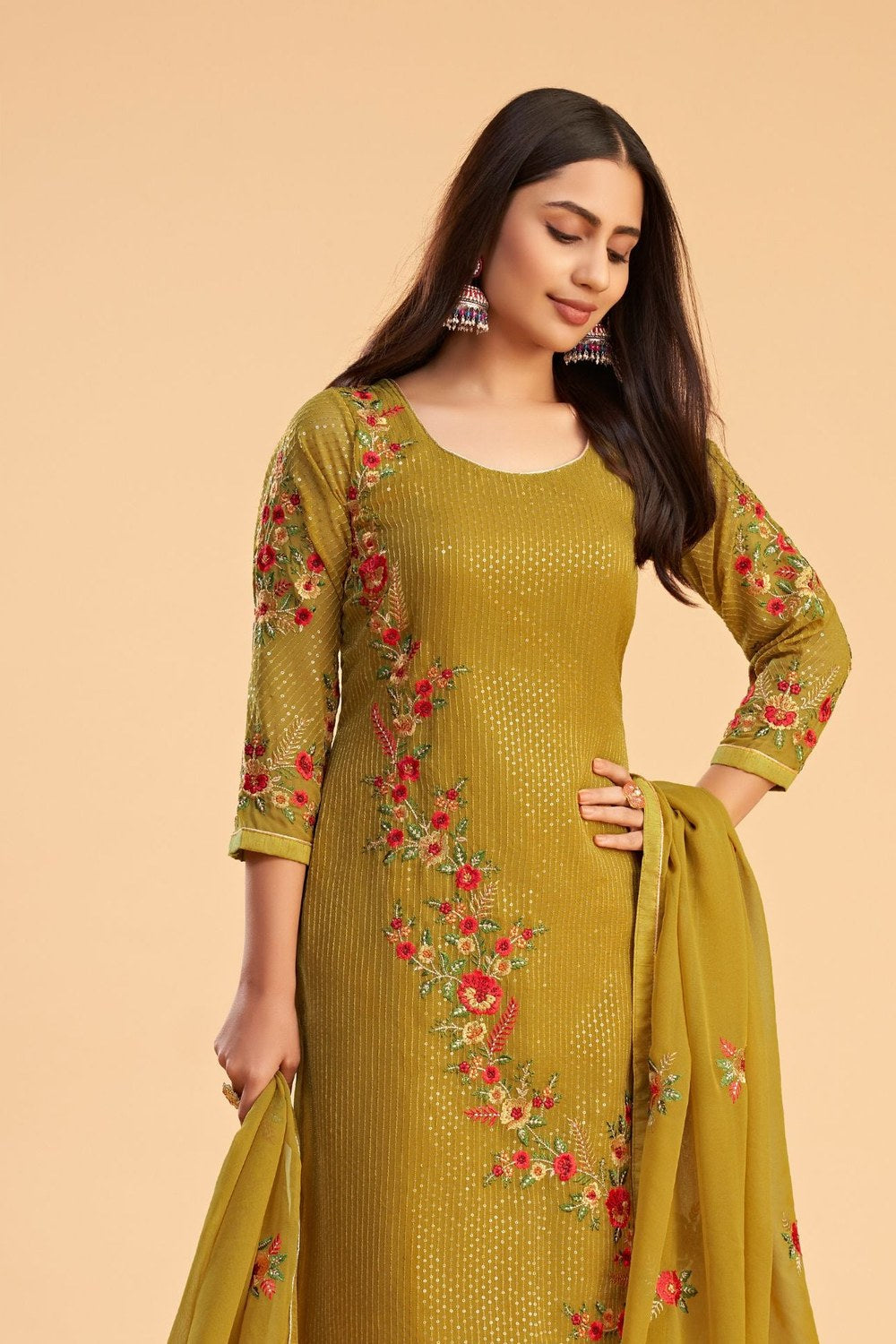 Yellow Georgette Kameez with Pant For Ladies Indian Festivals & Weddings - Sequence Embroidery Work, Thread Embroidery Work, Zari Work - close-up view