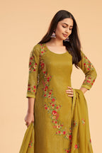 Yellow Georgette Kameez with Pant For Ladies Indian Festivals & Weddings - Sequence Embroidery Work, Thread Embroidery Work, Zari Work - close-up view