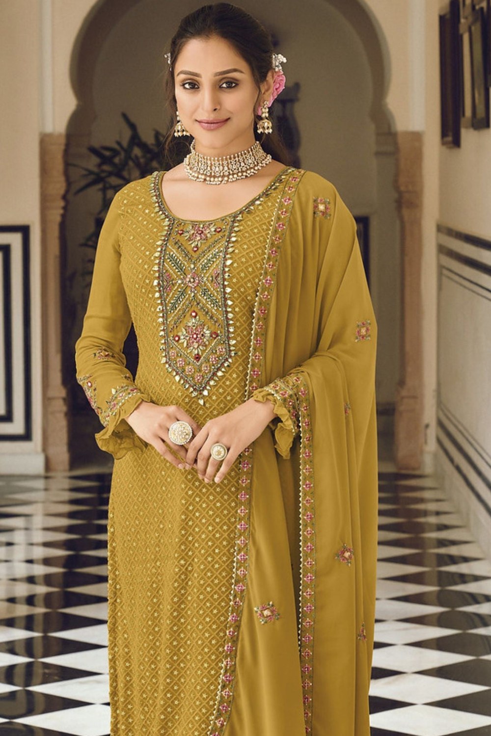 Dusty Yellow Georgette Kameez with Pant For Indian Suit Festivals & Pakistani Weddings - Embroidery Work - close-up view
