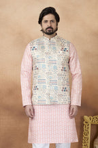 Cream Pink Kurta Pajama Waistcoat - Traditional Indian Attire Men - close-up view