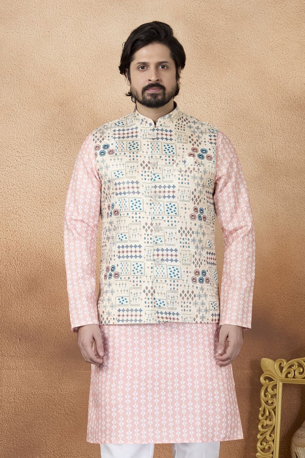 Cream Pink Kurta Pajama Waistcoat - Traditional Indian Attire Men - close-up view