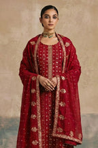 Red Georgette Kameez with Pant – Embroidered Ready-to-Wear Set - close-up view