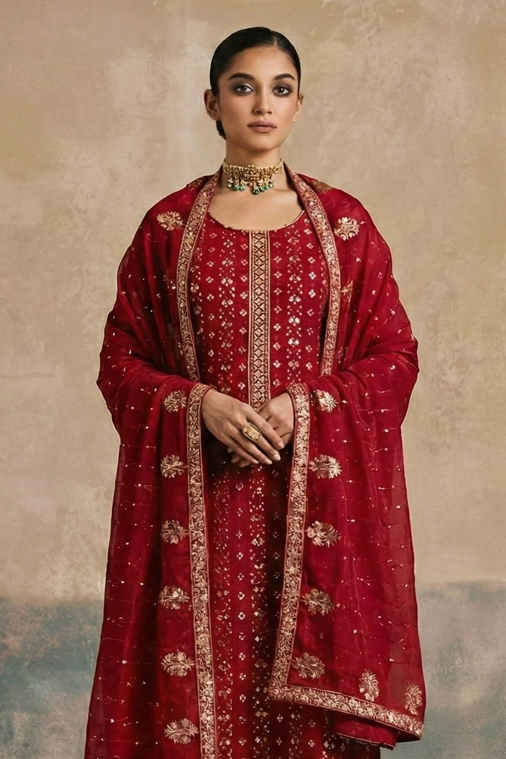 Red Georgette Kameez with Pant – Embroidered Ready-to-Wear Set - close-up view