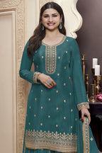 Teal Chinon Silk Palazzo Suit For Indian Wedding & Pakistani Festival - Embroidery Work - close-up view