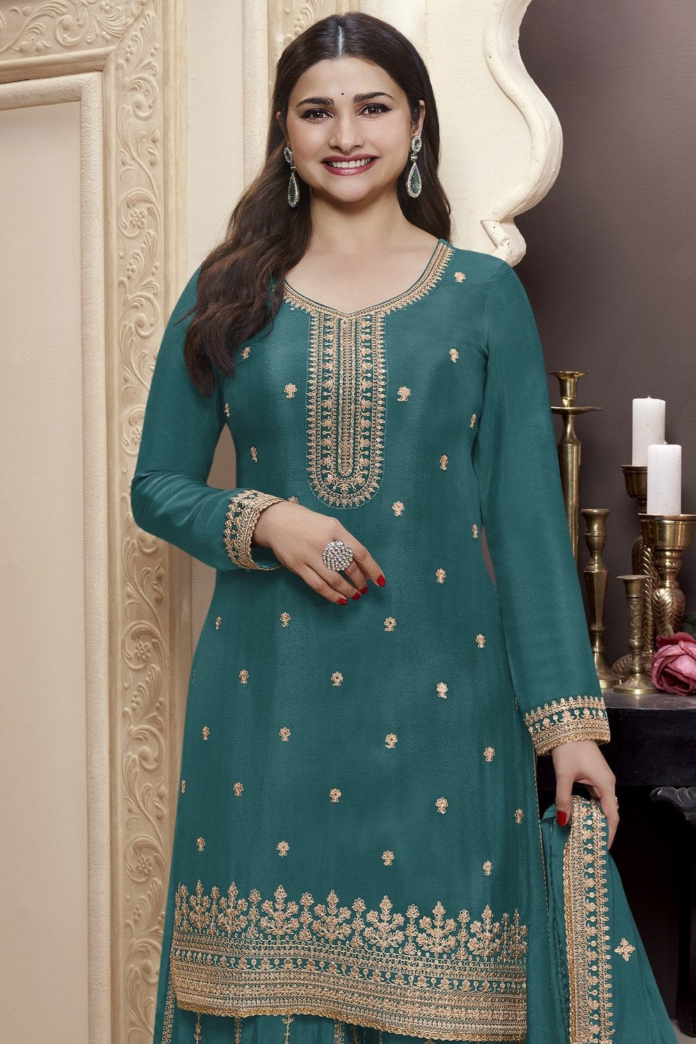 Teal Chinon Silk Palazzo Suit For Indian Wedding & Pakistani Festival - Embroidery Work - close-up view